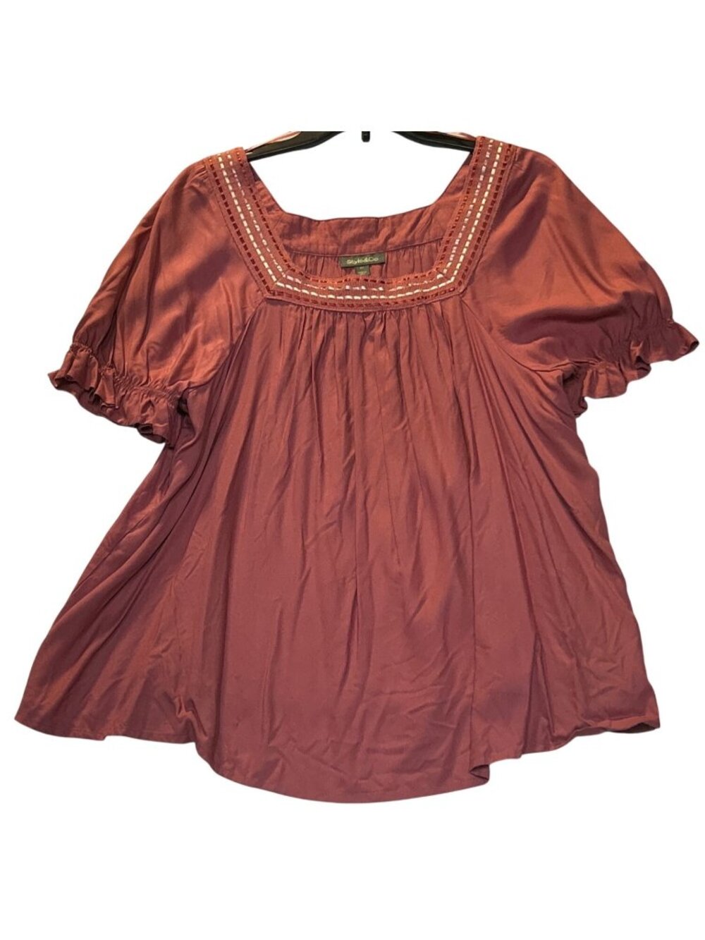 Style & Co Womens 2X Strawberry Swirl Square Neck Woven Top Embroidered Detail